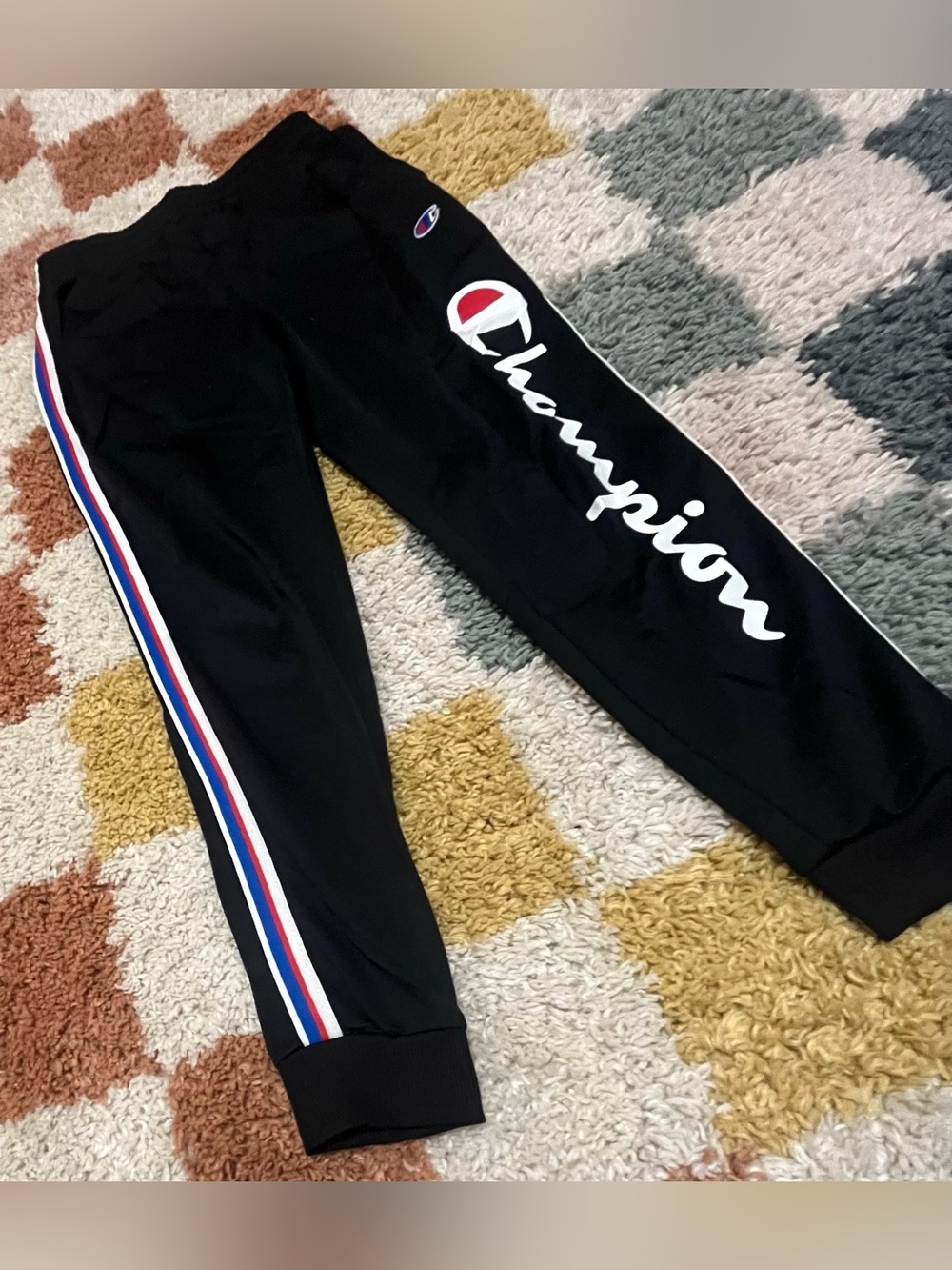 Champion Youth Medium Black Jogger Sweatpants with Red-White-Blue Side Stripe